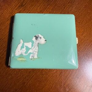 Mint Green Vintage Cigarette Case with Dog Illustration